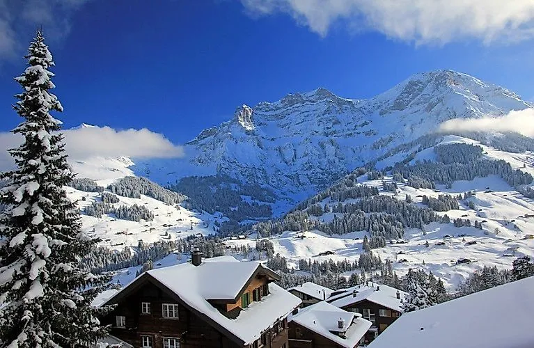 Lenk im Simmental con gli chalet innevati e le Alpi svizzere in inverno