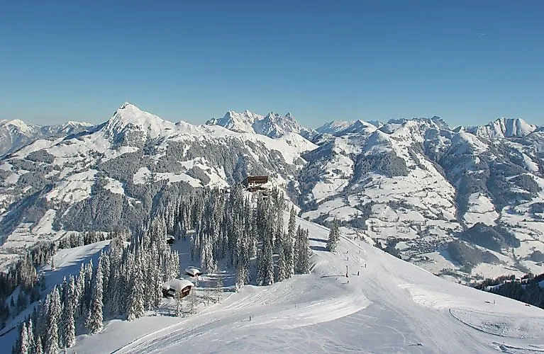 Schneebedeckte Berglandschaft mit markanten Gipfeln und einem bewaldeten Bergrücken; eine Berghütte thront auf dem Hahnenkamm oberhalb der Baumgrenze.
